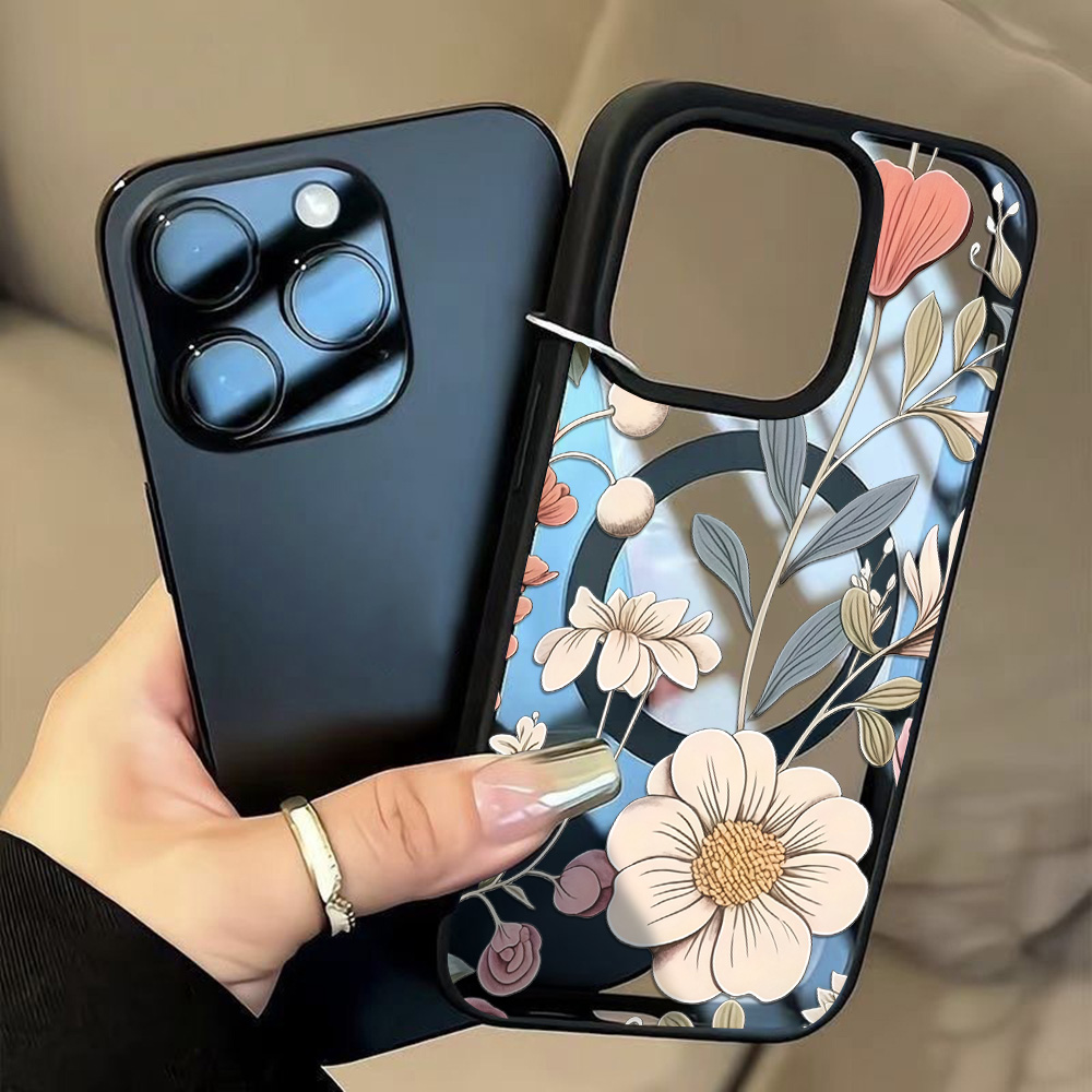 Phone Cases Transparent - 블랙 프레임 플로럴 낙하 방지 폰
