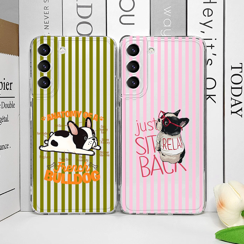 Phone Cases Samsung A14 - 핑크 스트라이프 귀여운 퍼그 프렌치 불독